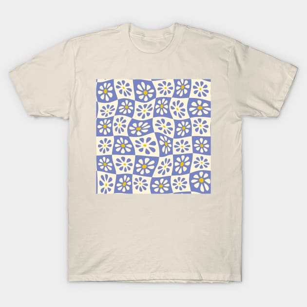 Periwinkle Wavy Floral Checkers T-Shirt by Carolina Díaz